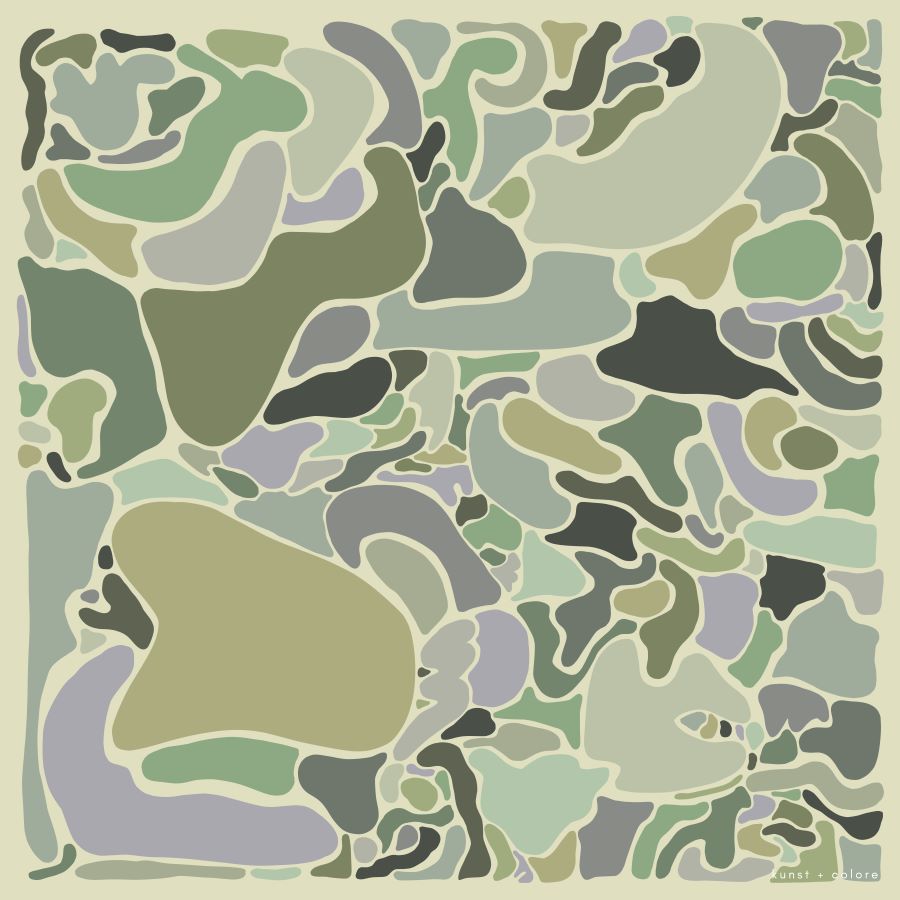 'Call It Camo' scarf in mint by Kunst & Colore. Mint background with lilac, blue, green organic forms.