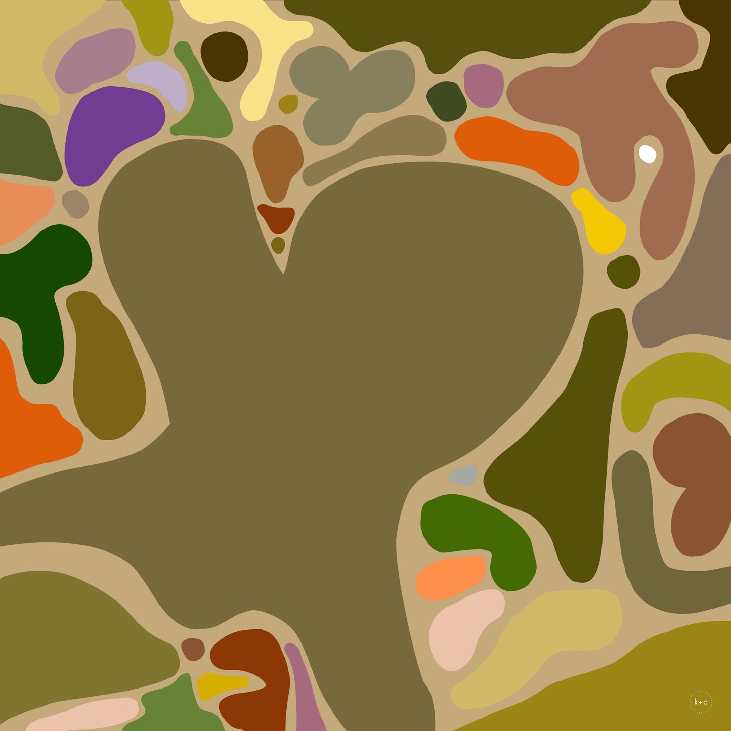 Eat Your Greens Silk Scarf by Kunst & Colore, featuring organic forms coloured in natural tones and bright pops of colour on an oaty beige background. Full image of the design.