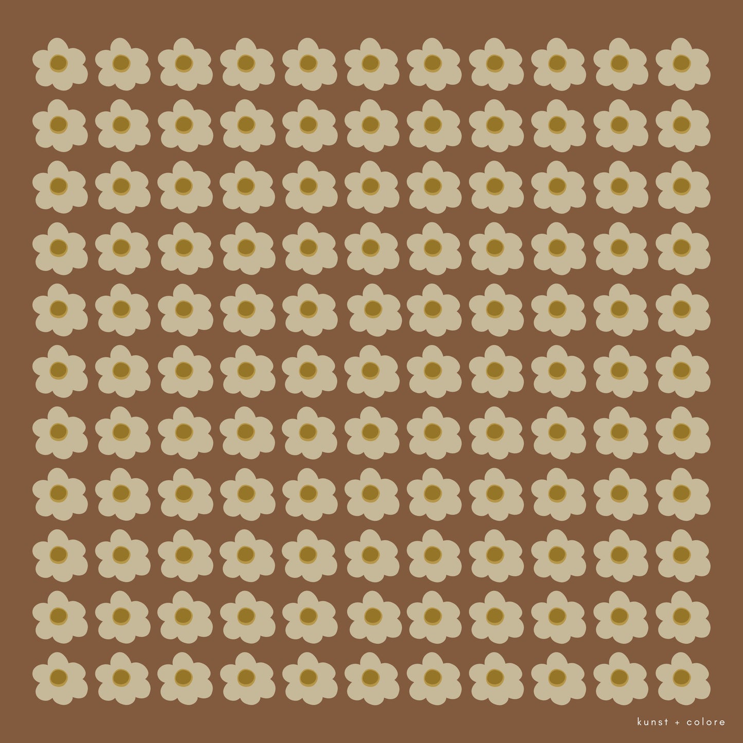 Full view of the 'Daisy Brown' scarf by Kunst & Colore. The print features small cream-coloured daisies arranged in a uniform square, on a brown background. 
