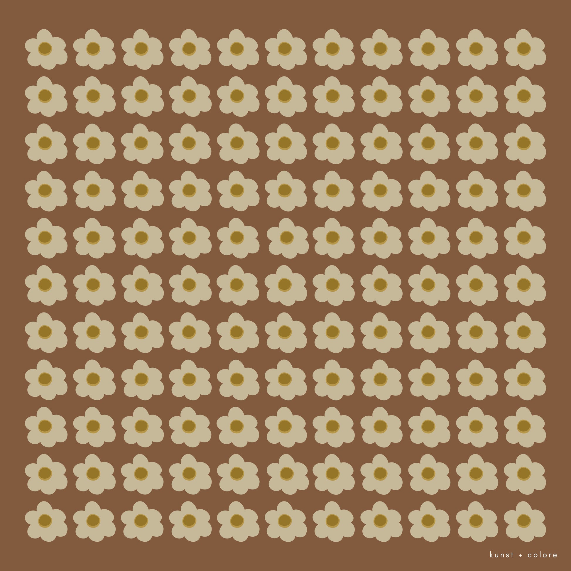 Full view of the 'Daisy Brown' scarf by Kunst & Colore. The print features small cream-coloured daisies arranged in a uniform square, on a brown background. 