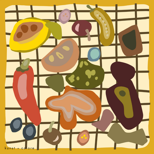 Side Salad by Kunst & Colore silk scarf, full image of the scarf.  The print of the scarf features food in earthy tones illustrated on a brown/cream check background, with a mustard yellow border.